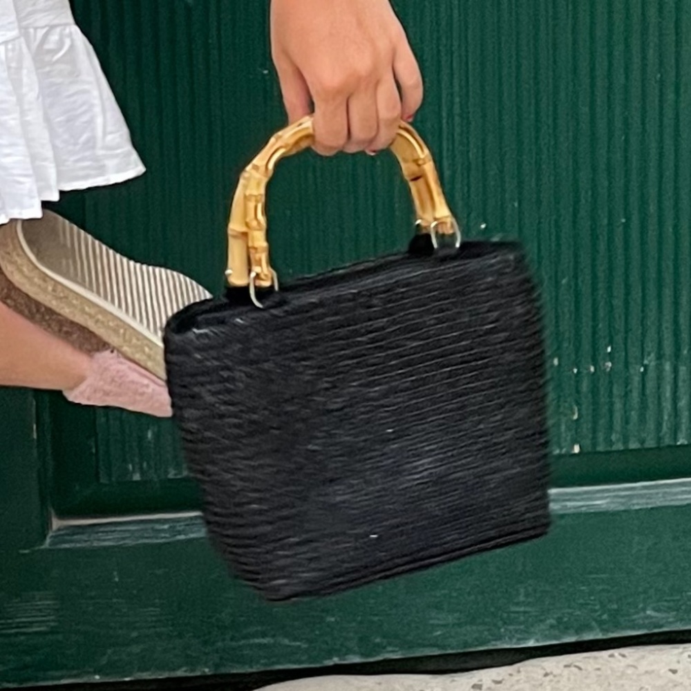 Black Woven Bag with Bamboo Handles